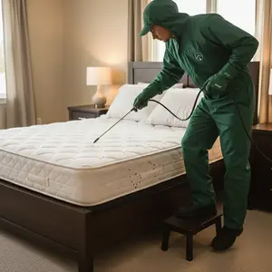 Bed bug treatment being applied to a mattress in a bedroom