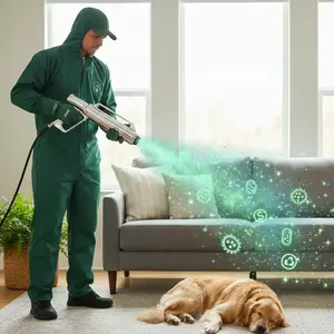 Indoor disinfection service being performed in a residential living room