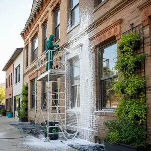 Exterior building facade cleaning using pressure washing equipment