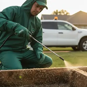 Termite pest control treatment being applied in a residential garden